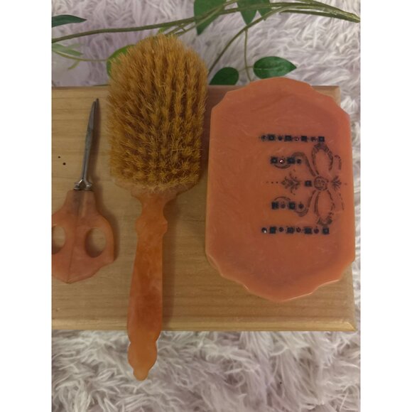 Vintage Ladies Celluloid-Bakelite Vanity  Set With Brush Scissors & Trinket Box - Picture 13 of 16